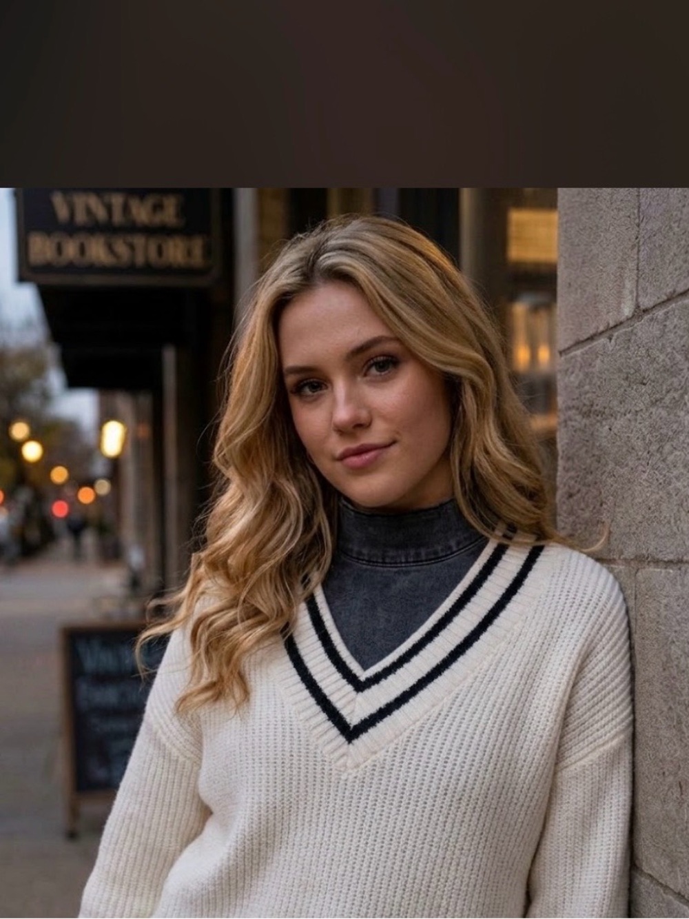 Mango- Classic V-Neck Contrast-Trim Sweater - Cream - Picture 2 of 5